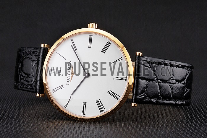 Swiss Longines Grande Classique White Dial Roman Numerals Gold Case Black Leather Strap