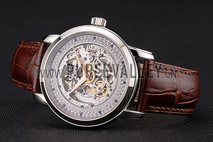 Swiss Piaget Altiplano Skeleton Dial With Diamonds Stainless Steel Case Brown Leather Strap