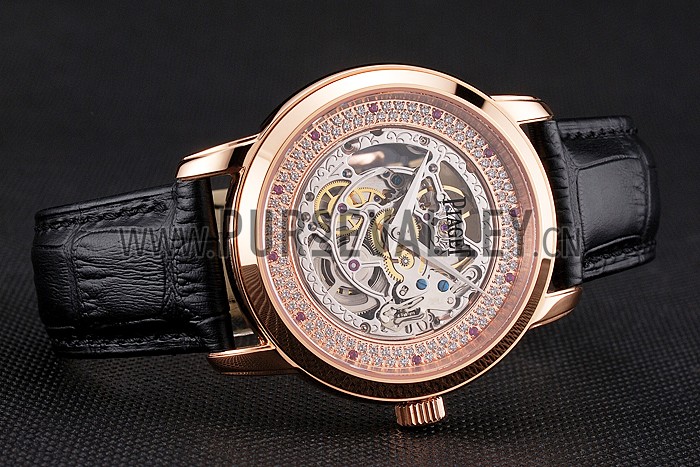 Swiss Piaget Altiplano Skeleton Dial With Diamonds Rose Gold Case Black Leather Strap