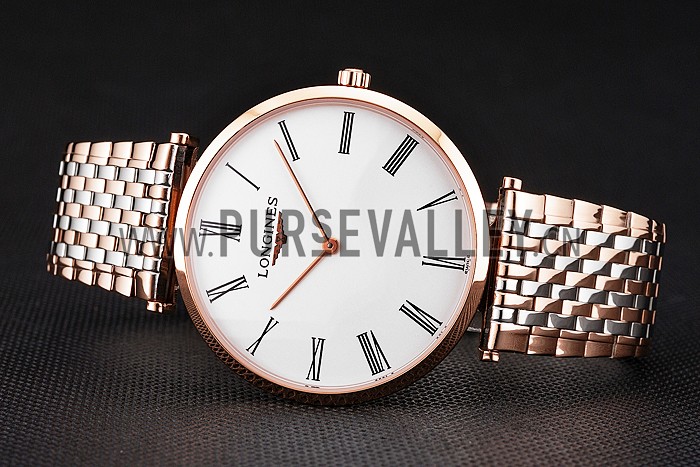 Swiss Longines Grande Classique White Dial Roman Numerals Rose Gold Case Two Tone Bracelet