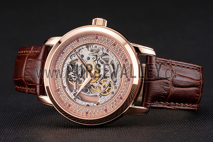 Swiss Piaget Altiplano Skeleton Dial With Diamonds Rose Gold Case Brown Leather Strap