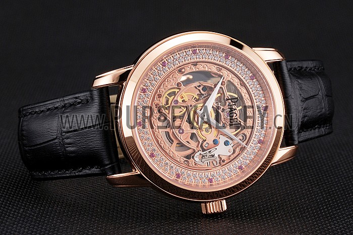 Swiss Piaget Altiplano Rose Gold Skeleton Dial With Diamonds Rose Gold Case Black Leather Strap