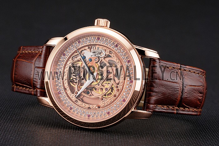 Swiss Piaget Altiplano Rose Gold Skeleton Dial With Diamonds Rose Gold Case Brown Leather Strap