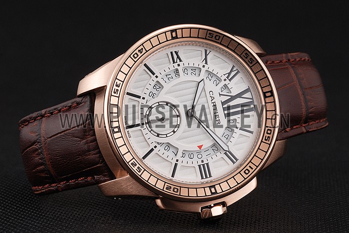 Cartier Calibre De Cartier Small Seconds White Dial Rose Gold Case Brown Leather Strap