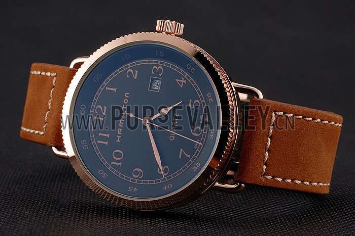 Hamilton Navy Pioneer Black Dial Rose Gold Case Brown Leather Strap