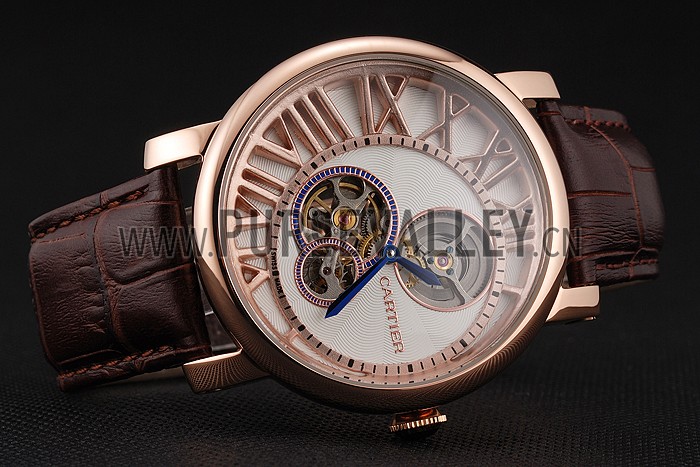 Cartier Rotonde De Cartier Flying Tourbillon White Dial Rose Gold Numerals Rose Gold Case Brown Leather Strap