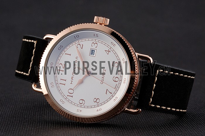 Hamilton Navy Pioneer White Dial Rose Gold Case Black Leather Strap