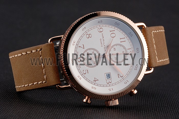 Hamilton Navy Pioneer Chrono White Dial Rose Gold Case Light Brown Leather Strap