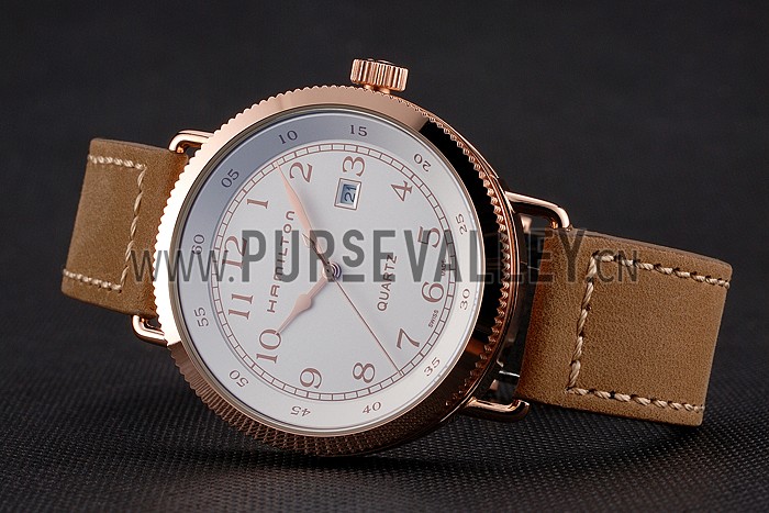 Hamilton Navy Pioneer White Dial Rose Gold Case Light Brown Leather Strap