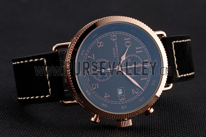 Hamilton Navy Pioneer Chrono Black Dial Rose Gold Case Black Leather Strap