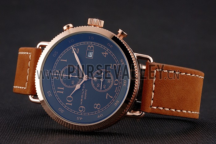 Hamilton Navy Pioneer Chrono Black Dial Rose Gold Case Brown Leather Strap