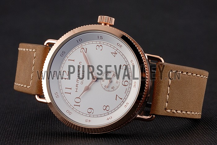 Hamilton Navy Pioneer Small Second White Dial Rose Gold Case Light Brown Leather Strap