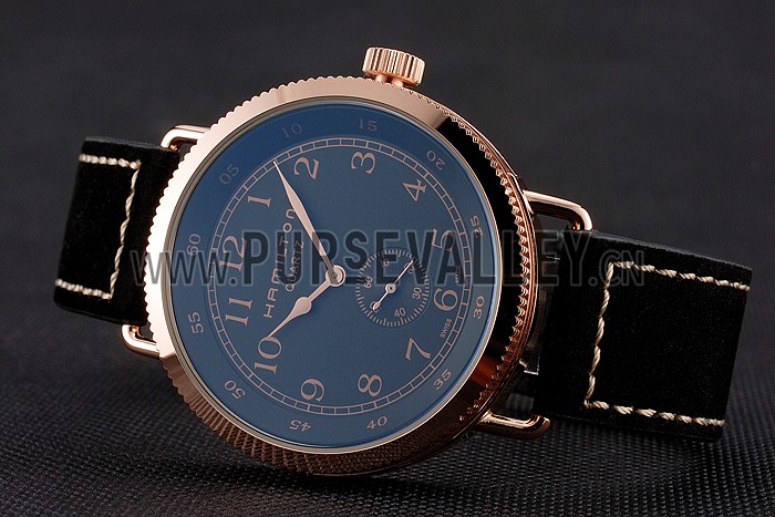 Hamilton Navy Pioneer Small Second Black Dial Rose Gold Case Black Leather Strap