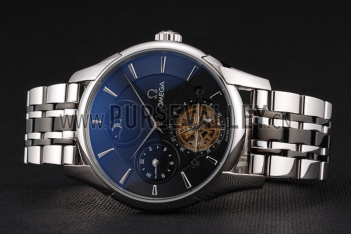 Omega De Ville Moonphase Tourbillon Black Dial Stainless Steel Case Two Tone Black Steel Bracelet