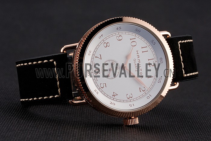 Hamilton Navy Pioneer Small Second White Dial Rose Gold Case Black Leather Strap