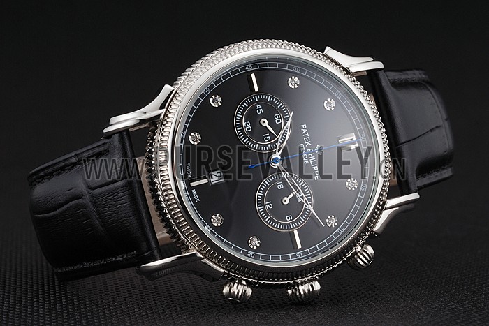 Patek Philippe Chronograph Black Dial With Diamonds Stainless Steel Case Black Leather Strap