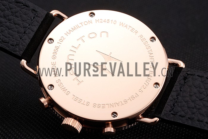 Hamilton Navy Pioneer Chrono White Dial Rose Gold Case Black Leather Strap