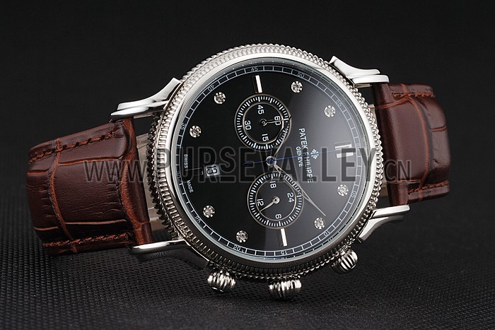 Patek Philippe Chronograph Black Dial With Diamonds Stainless Steel Case Brown Leather Strap