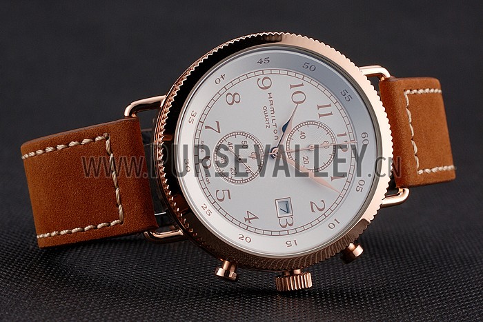 Hamilton Navy Pioneer Chrono White Dial Rose Gold Case Brown Leather Strap