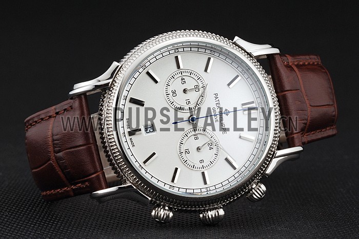 Patek Philippe Chronograph White Dial Stainless Steel Case Brown Leather Strap