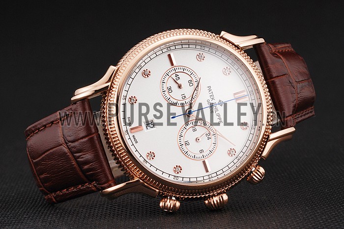 Patek Philippe Chronograph White Dial With Diamonds Rose Gold Case Brown Leather Strap
