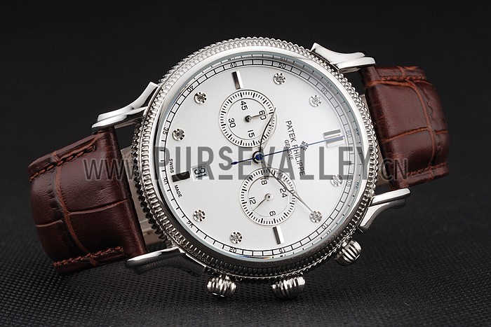 Patek Philippe Chronograph White Dial With Diamonds Stainless Steel Case Brown Leather Strap
