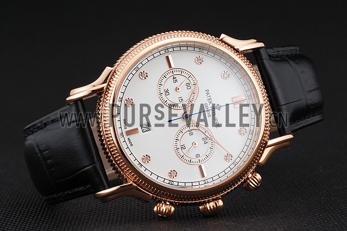 Patek Philippe Chronograph White Dial With Diamonds Rose Gold Case Black Leather Strap