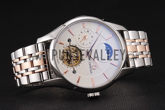 Omega De Ville Moonphase Tourbillon White Dial Stainless Steel Case Two Tone Steel Rose Gold Bracelet