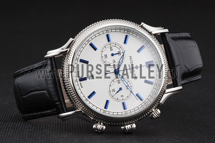Patek Philippe Chronograph White Dial Blue Markings Stainless Steel Case Black Leather Strap
