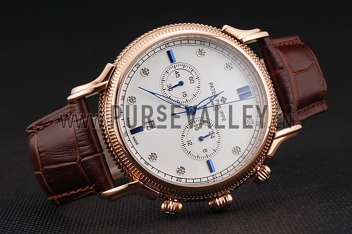 Patek Philippe Chronograph White Dial With Blue And Diamond Markings Rose Gold Case Brown Leather Strap