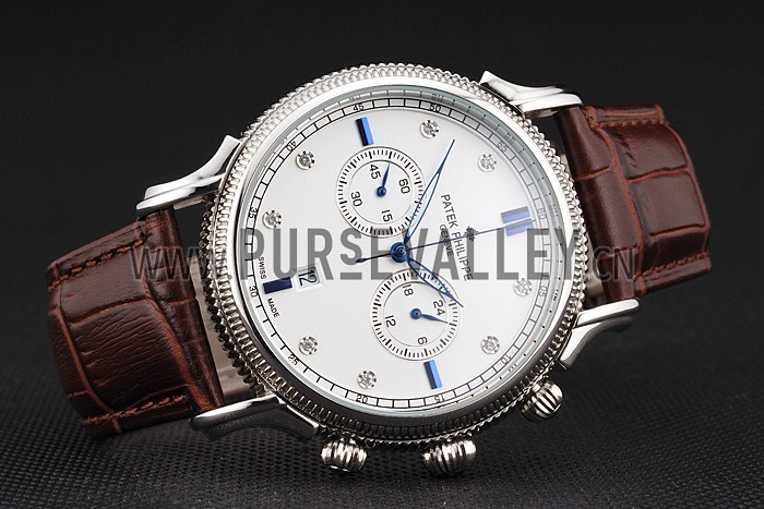 Patek Philippe Chronograph White Dial With Diamond And Blue Markings Stainless Steel Case Brown Leather Strap