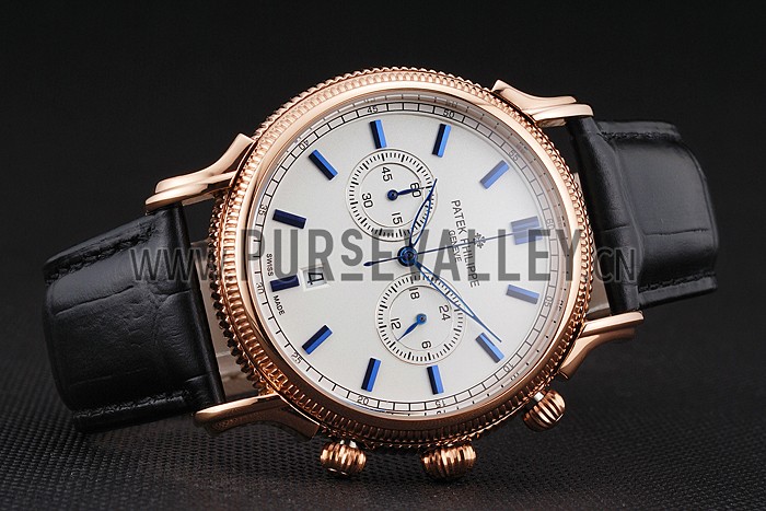 Patek Philippe Chronograph White Dial Blue Markings Rose Gold Case Black Leather Strap