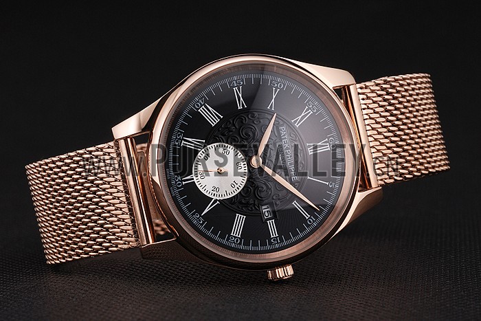 Patek Philippe Calatrava Small Seconds Black Engraved Dial Rose Gold Case And Bracelet