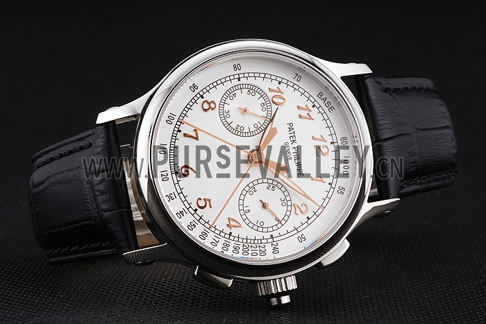 Swiss Patek Philippe Split Seconds Chronograph White Dial Rose Gold Hands Stainless Steel Case Black Leather Strap