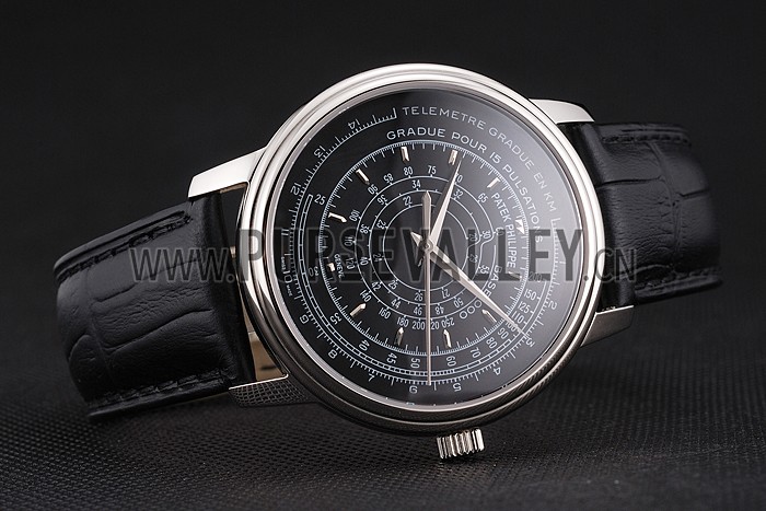 Swiss Patek Philippe Multi-Scale Chronograph Black Dial Stainless Steel Case Black Leather Strap
