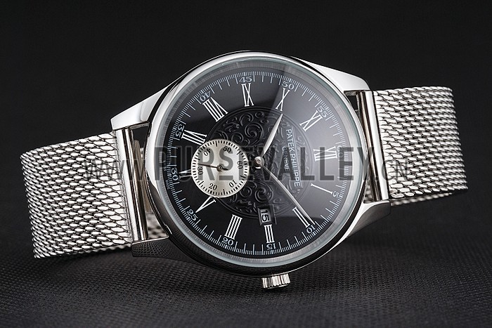 Patek Philippe Calatrava Small Seconds Black Engraved Dial Stainless Steel Case And Bracelet