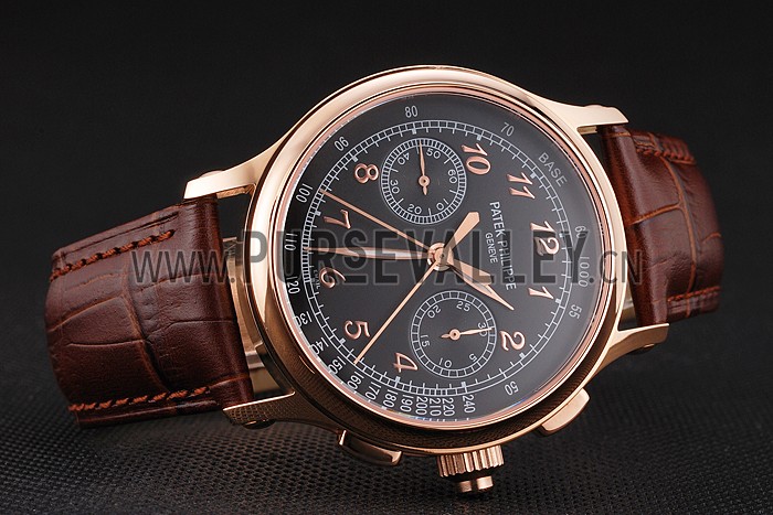 Swiss Patek Philippe Split Seconds Chronograph Black Dial Rose Gold Case Brown Leather Strap