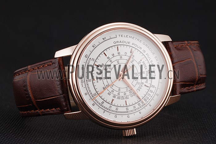 Swiss Patek Philippe Multi-Scale Chronograph White Dial Rose Gold Case Brown Leather Strap
