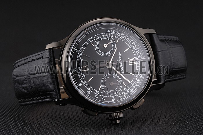 Swiss Patek Philippe 5170J Chronograph Black Dial Black Case Black Leather Strap