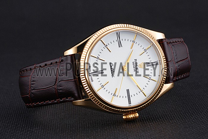 Rolex Cellini White Dial Gold Case Brown Leather Strap 622833