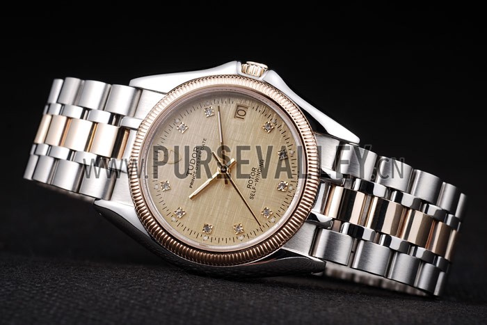 Tudor Swiss Classic Prince Date Stainless Steel Case Rose Gold Ribbed Bezel Gold Dial
