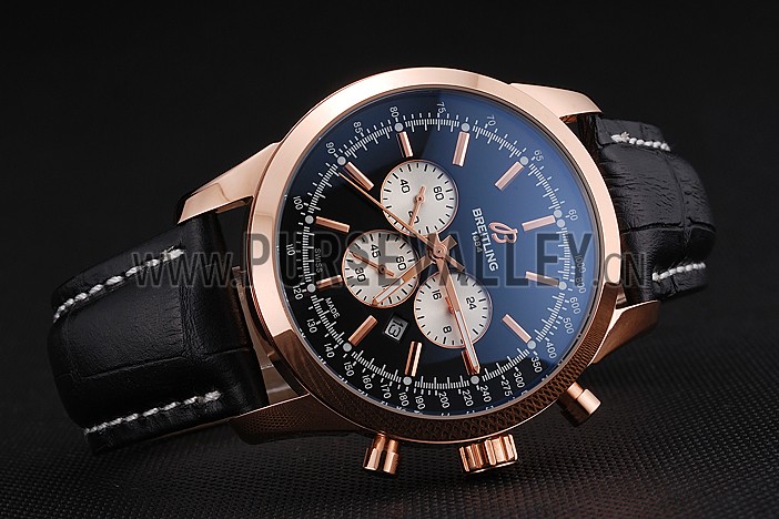 Breitling Transocean Black Dial Black Leather Strap Rose Gold Bezel 98204
