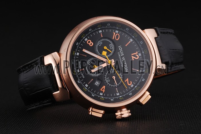 Louis Vuitton Tambour Chronograph Black Dial Rose Gold Case Black Leather Strap