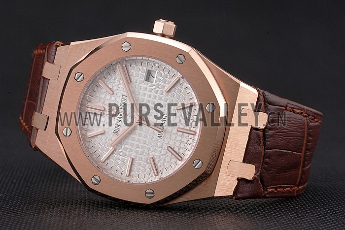 Swiss Audemars Piguet Royal Oak White Dial Gold Case Brown Leather Strap