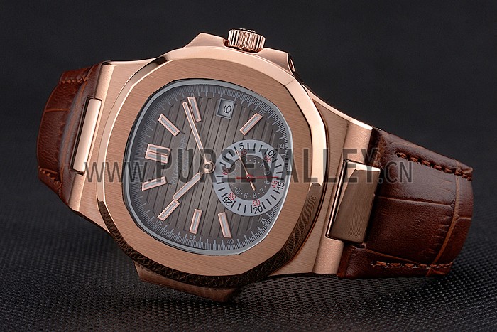 Patek Philippe Nautilus Gray Dial Rose Gold Case Brown Leather Strap
