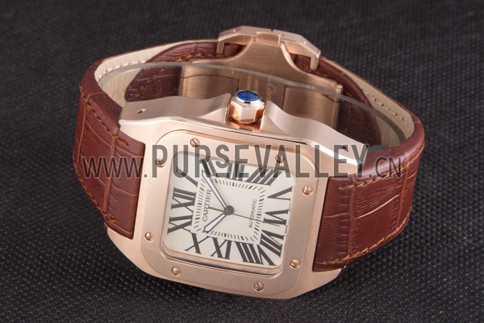 Swiss Cartier Santos Rose Gold with Brown Leather Strap 621522