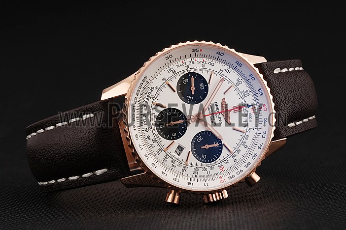 Swiss Breitling Navitimer 01 White Dial Black Subdials Rose Gold Case Brown Leather Strap
