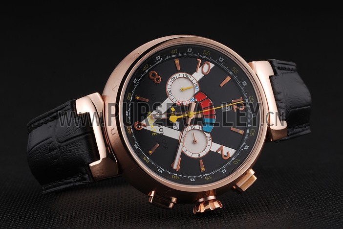 Louis Vuitton Tambour LV Cup Regate Black and White Dial Rose Gold Case Black Leather Strap