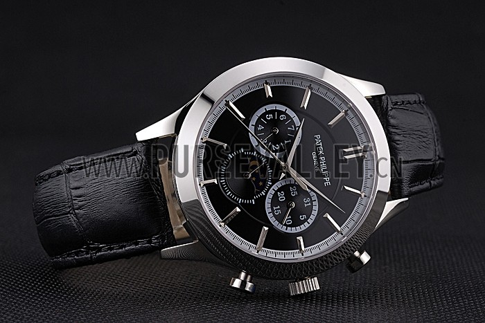 Patek Philippe Moonphase Chronograph Black Dial Stainless Steel Case Black Leather Strap 622842