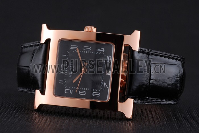 Hermes Heure H Black Dial Gold Case Black Leather Strap